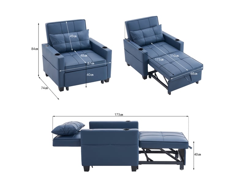  Canapé convertible 1 place avec dossier réglable, poche latérale et structure en bois et métal, bleu  - Conforama D