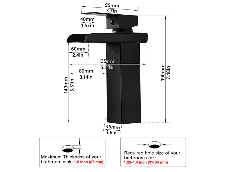 Moderne noir robinet de salle de bain en laiton,mitigeur lavabo cascade, robinet lavabo avec bec hauteur 140mm,eau froide & chaude disponible, g 38 - Conforama D