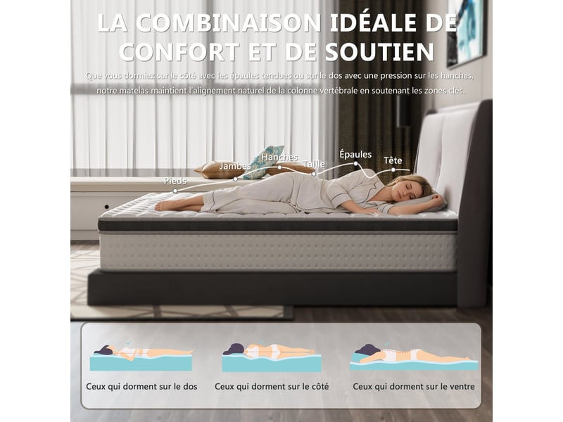  Matelas ressorts ensachés 160x200 cm accueil mémoire de forme ép.25 cm  - Conforama D