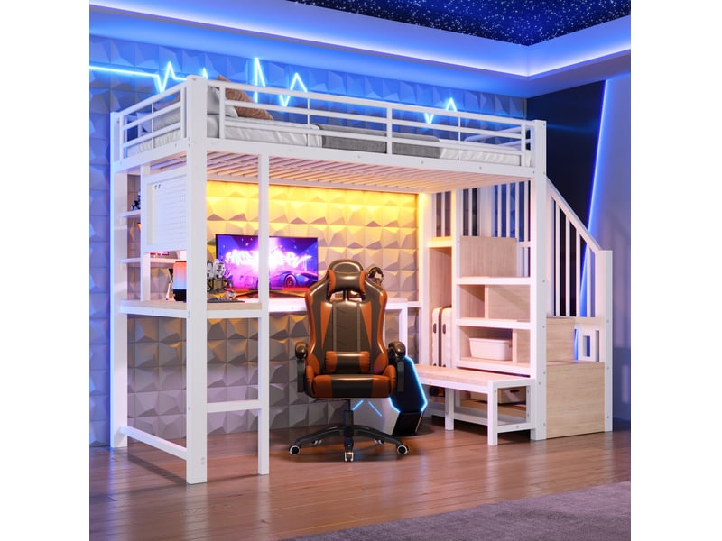 Lit mezzanine 90 × 200 cm 1 place avec bureau, led, usb et rangement, sans matelas, métal et mdf, blanc - Conforama B