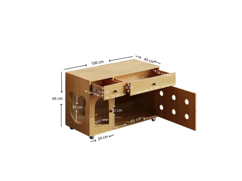  Meuble litière féline 100x45x66 cm – naturel – 2 tiroirs, porte ventilée et roulettes mobiles  - Conforama C