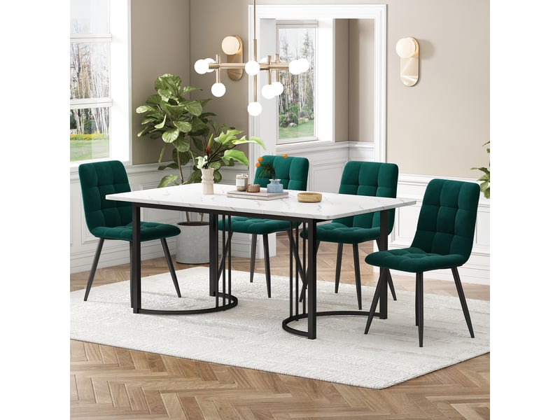  Ensemble table et chaises 5 pièces, table à manger avec 4 chaises, plateau effet marbre, table 140 x 80 cm, vert foncé et noir  - Conforama C