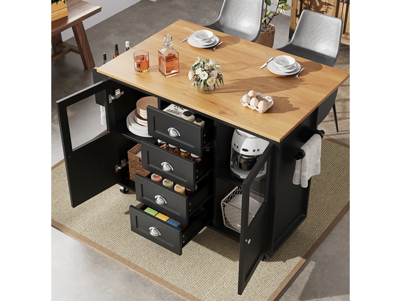 Îlot de cuisine mobile noir 137,9 x 73 x 92,5 cm avec plateau rabattable - Conforama D