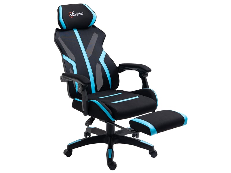  Chaise gaming noire et bleue avec repose-pieds rétractable dossier inclinable appui-tête et réglage en hauteur dimensions 65x65x119-129 cm  - Conforama A