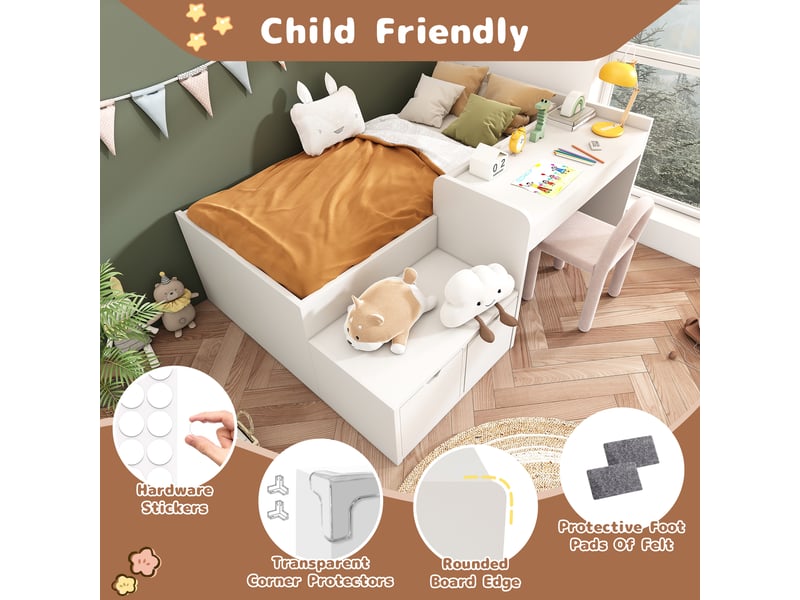 Lit coffre enfant 90x200 cm avec bureau, 2 tiroirs et rangement, sommier inclus, pin et mdf, blanc, sans matelas - Conforama E