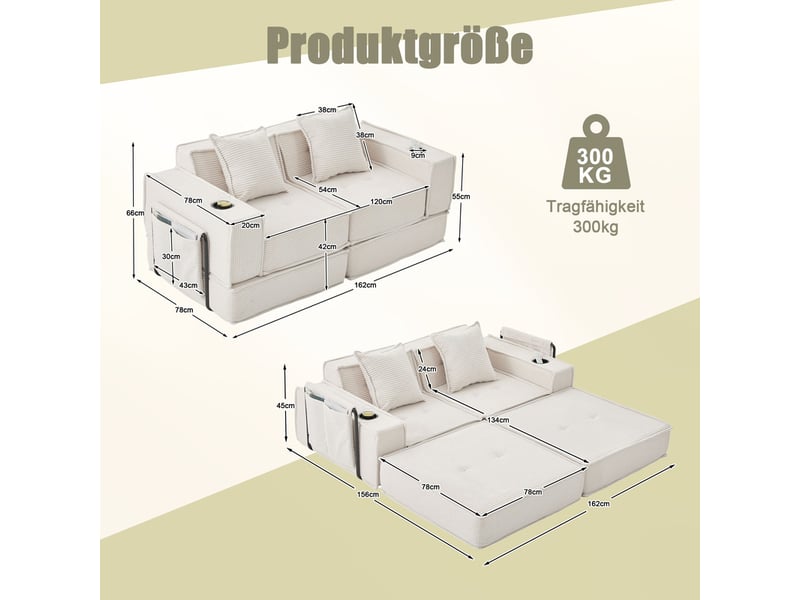 Canapé droit convertible ,2 places ,avec supports de rangement et bras,162 x 78 x66 cm,beige - Conforama C
