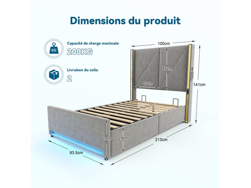  Lit coffre enfant 90x200 cm en velours gris foncé avec usb, type-c et led  - Conforama C