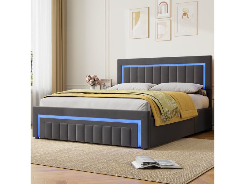  Lit double 160x200 cm avec tiroirs, led et tête de lit rembourrée gris foncé homvra  - Conforama D