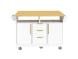 Îlot de cuisine sur roulettes avec plateau pliable 3 tiroirs blanc 120x40x95 cm