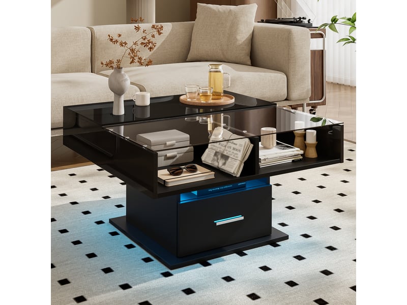  Table basse elevable carrée noir - 78x78 cm led panneau de particules table basse noir - Conforama E