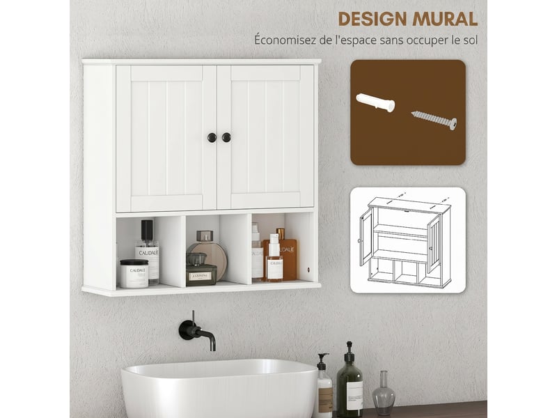  Armoire murale de salle de bain, meuble de rangement avec 2 portes, étagère réglable et compartiments ouverts, blanc  - Conforama D