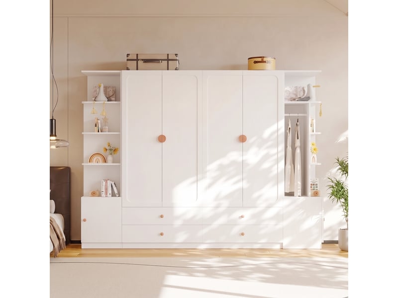  Armoire 270 x 45 x 200 cm à 6 portes avec 4 penderies, 4 tiroirs et grand rangement, meuble dressing multifonction moderne pour chambre, blanc, pour aménagement intérieur moderne OPULERANE TRADING LTD - Conforama B