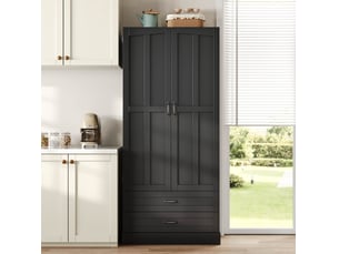 Buffet de cuisine noir, armoire haute avec 3 étagères coulissantes, 2 tiroirs et double porte