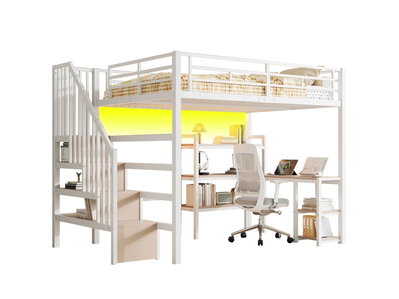  Lit mezzanine 140 × 200 en métal avec bureau, étagères, leds et usb, blanc  - Conforama A