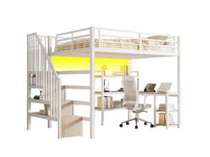 Lit mezzanine 140 × 200 en métal avec bureau, étagères, leds et usb, blanc