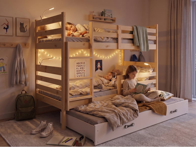  Lit superposé 3 places eric 90x190 cm + lit tiroir 80x180 cm interbeds - bois massif de pin - pin naturel  - Conforama D