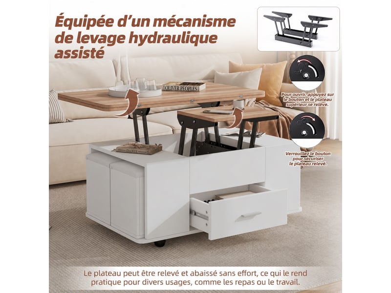  Table basse relevable - table de salon multifonctionnelle 4 en 1 - avec con 4 tabourets e rangement caché - blanc et bois  - Conforama B