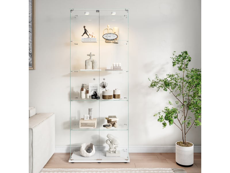  Vitrine de présentation 5 niveaux en verre blanc - armoire de vitrine verre avec éclairage à clapet et étagères pour collection  - Conforama C