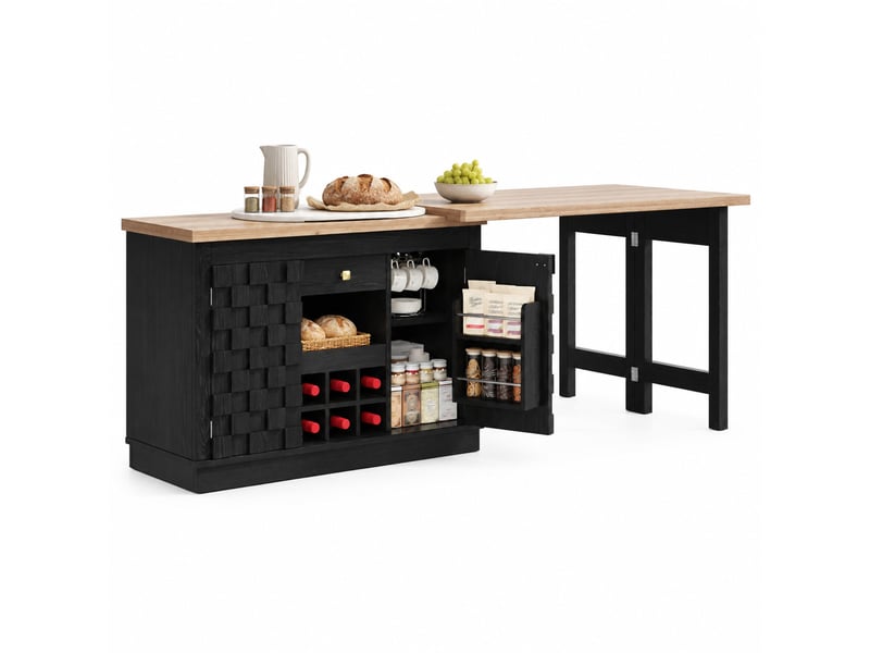  Desserte de cuisine pivotante avec 2 portes, tiroir, étagères réglables et casier à vin, noir, 120-197 × 40 × 74,2 cm  - Conforama A