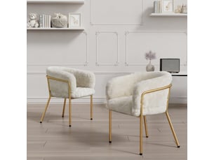 Lot de 2 fauteuils en tissu imitation fourrure beige, pieds métal, design chic pour chambre ou salon