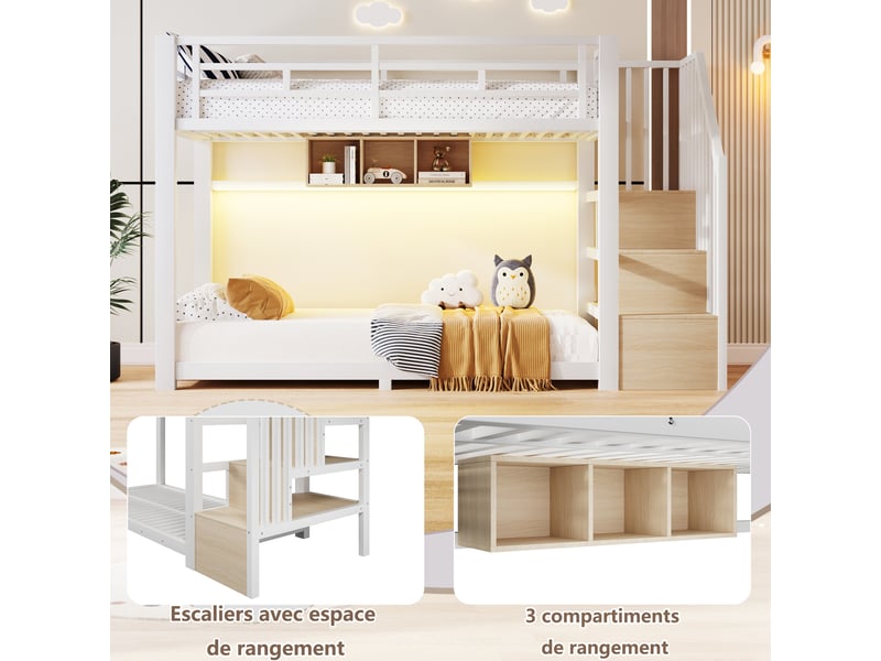  Lit superposé 3 places 90 x 200 et 140 x 200 cm avec led réglable par application, escalier avec rangement, métal blanc, garde-corps  - Conforama E