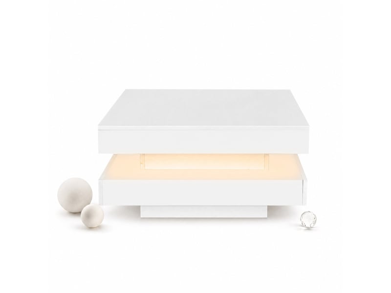  Table basse carrée blanche brillante avec led et plateau rotatif 360°, 70 x 70 x 36 cm  - Conforama A