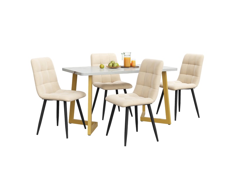  Ensemble table et 4 chaises moderne, table rectangulaire 117 cm effet marbre et sièges en velours beige  - Conforama A