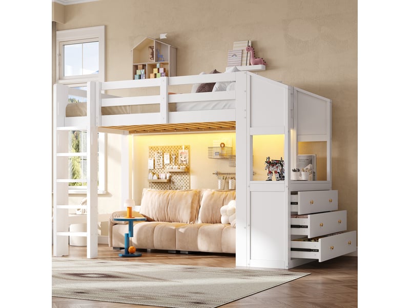  Lit mezzanine modenvie 90 x 200 cm avec 3 tiroirs, étagères et éclairage led blanc  - Conforama E