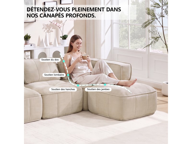 Canapé modulable d’angle en u 3 places en polyester beige, 271 x 162 x 67 cm, sans montage, mousse haute densité 32d, assise profonde, avec 2 poufs Luxe haut de gamme - Conforama D
