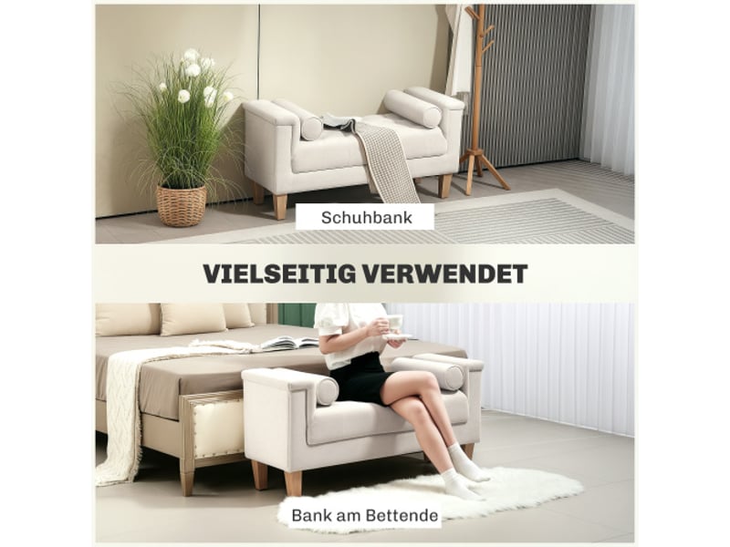  Banc beige en chenille avec accoudoirs, 2 coussins cylindriques, cadre en bois, 115x44x58 cm  - Conforama B