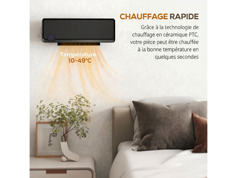  Radiateur mural soufflant oscillant 2000 w, chauffage céramique ptc, 3 niveaux de puissance, 56x11,7x18,5cm, noir  - Conforama R