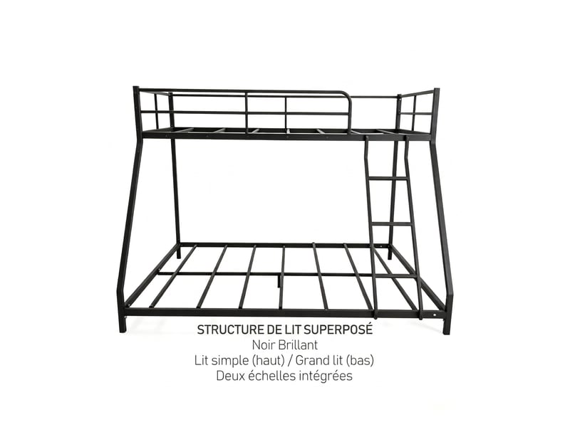 Lit superposé métal 3 places adulte noir, double couchage bas 190x130 cm et lit simple haut 190x80 cm, cadre robuste  - Conforama B