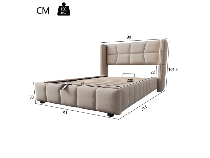  Lit avec coffre, 90x200 cm, lit simple, solution de rangement caché, tête de lit, tissu et lin et métal, coloris beige  - Conforama C