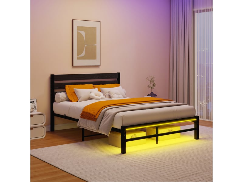  Lit double 140x200 cm, cadre de lit, led, port usb, tête de lit avec rangement, bois et métal noir  - Conforama E