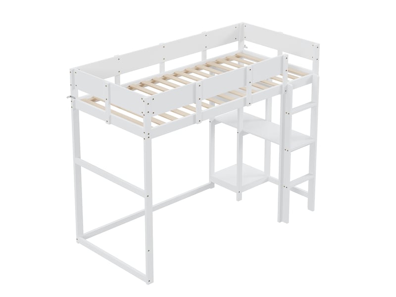 Lit mezzanine enfant 90x200 cm - étagère de rangement intégrée - barrières de sécurité - pin massif et mdf - blanc - Conforama R