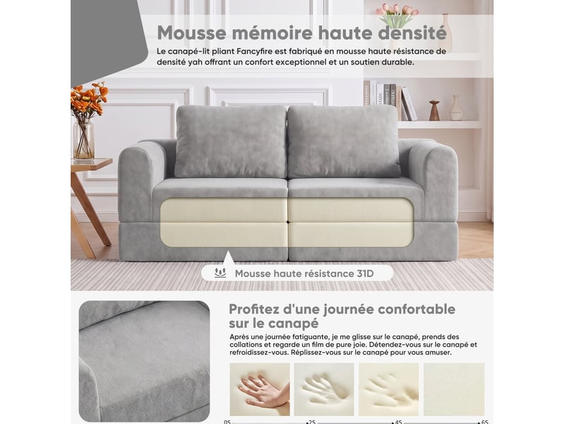  Canapé convertible pliant 160x80x78 cm 2 places, mémoire de forme, dossier, gain de place, flanelle gris design moderne  - Conforama D