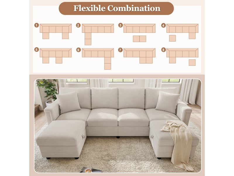  Canapé modulaire convertible, 4 places, avec 2 poufs rangement + 2 coussins, chenille résistante, 261x134x82 cm, blanc, pour salon  - Conforama E