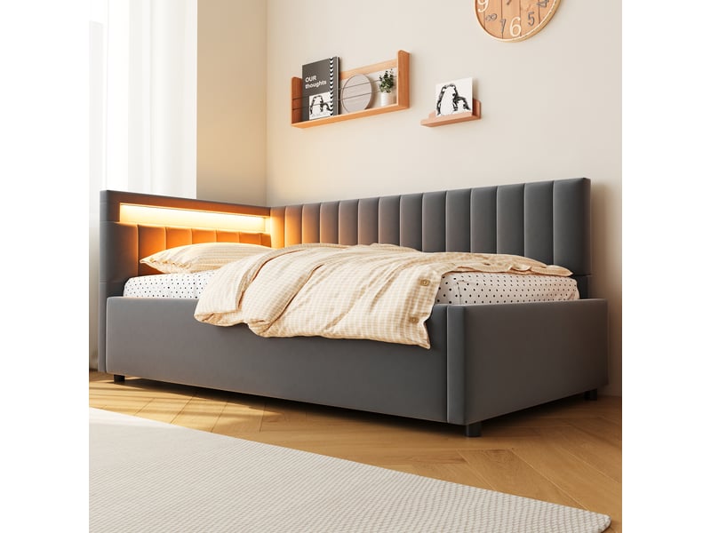  Lit capitonné 90x200 cm gris en velours, led, coffre hydraulique et tête réversible  - Conforama D