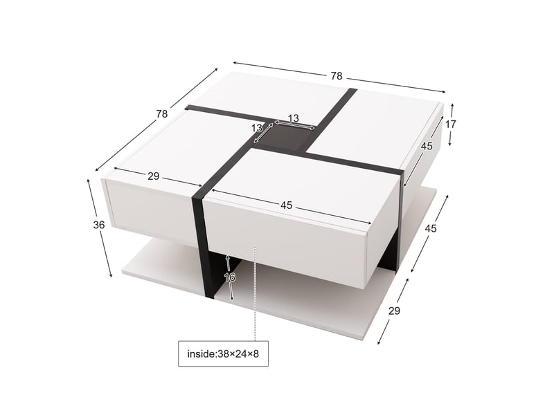  Table basse carrée avec 4 tiroirs et niche de rangement, finition brillante, pour salon, blanc, 78 × 78 × 36 cm  - Conforama D