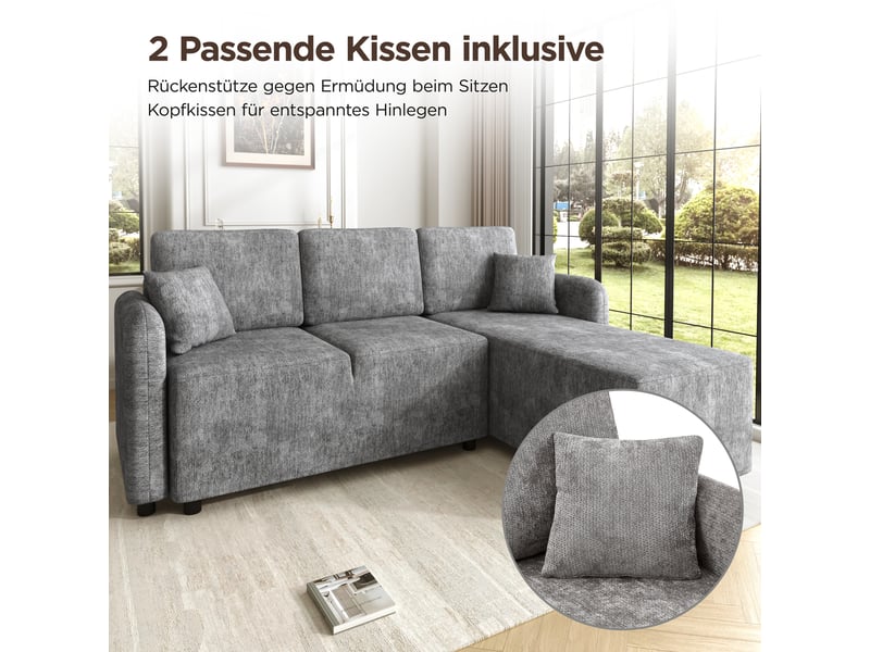  Canapé d'angle 3 places en tissu chenille, méridienne 144 cm, mousse haute densité, 2 coussins inclus, 150 kg  - Conforama D