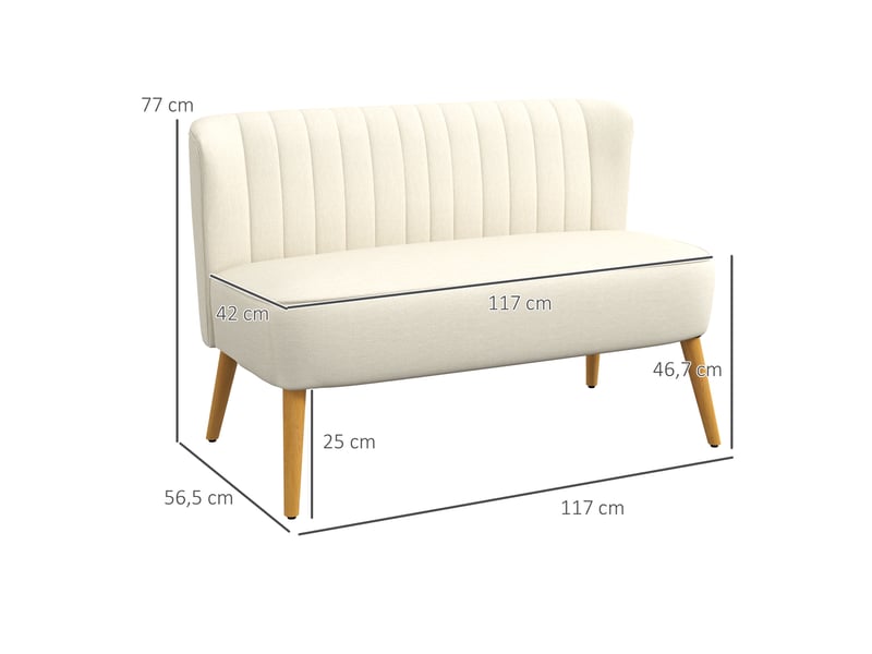  Canapé 2 places, canapé de salon en tissu aspect lin, assise rembourrée et pieds en bois d'hévéa, crème, 117x56,5x77cm  - Conforama C