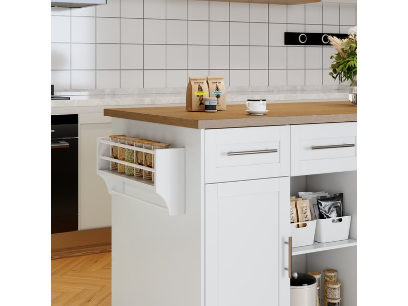 Îlot de cuisine avec 3 tiroirs muvano, table extensible, blanc et aspect bois, 120 × 60 × 90 cm  - Conforama R