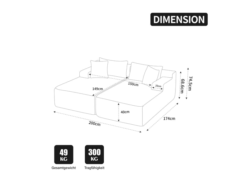  Canapé modulable 2 places avec méridienne en chenille gris - 200 x 174 x 74,5 cm  - Conforama E