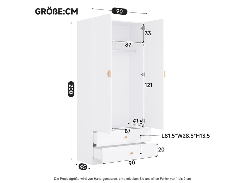 Armoire penderie 90x45x200 cm - grand dressing moderne 2 portes avec poignées en bois massif et 2 tiroirs - blanc - Conforama E