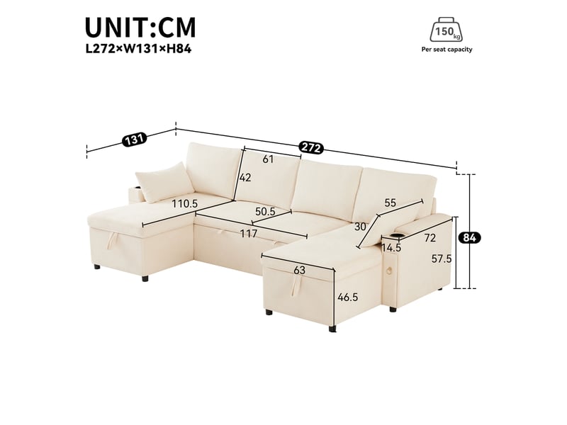  Canapé d’angle convertible en u 4 places 272 x 131 x 84 cm, avec rangements, porte-gobelets et coussins - beige  - Conforama D