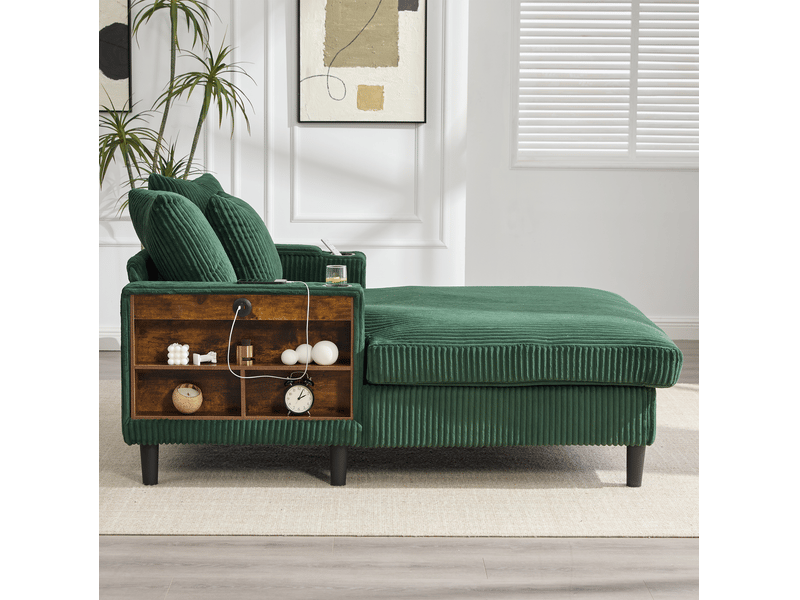  Chaise longue multifonctionnelle en velours côtelé, grand espace de repos, led, port usb, rangement, 3 coussins  - Conforama D