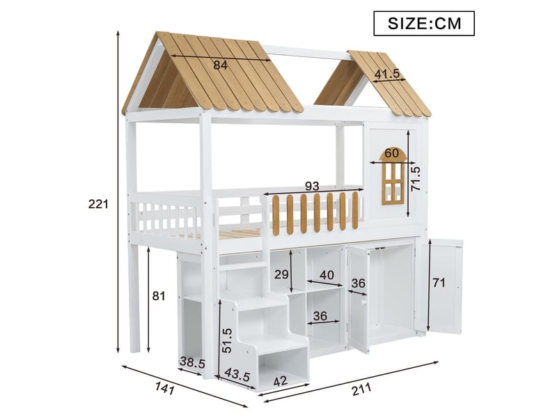  Lit superposé enfant 90 x 200 cm, lit superposé, rahmen aus kiefer, mit schuhschrank, sichere treppenstufen, minimalistisches design  - Conforama C