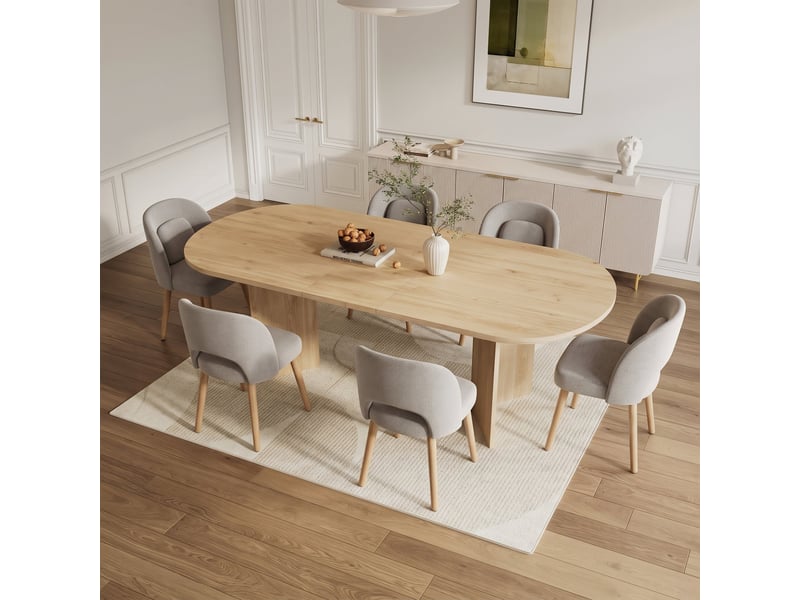  Ensemble table extensible 160200 x 90 cm et 6 chaises de salle à manger, plateau épais, coins arrondis, chaises en bois rembourrées, pivotantes à 360°, style épuré  - Conforama D
