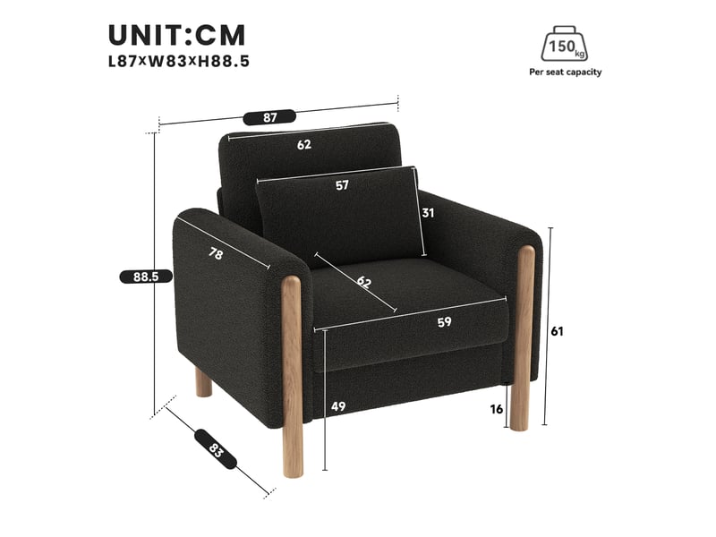  Fauteuil lounge modenvie 1 place en tissu bouclette teddy gris foncé 87 x 83 x 88,5 cm  - Conforama C