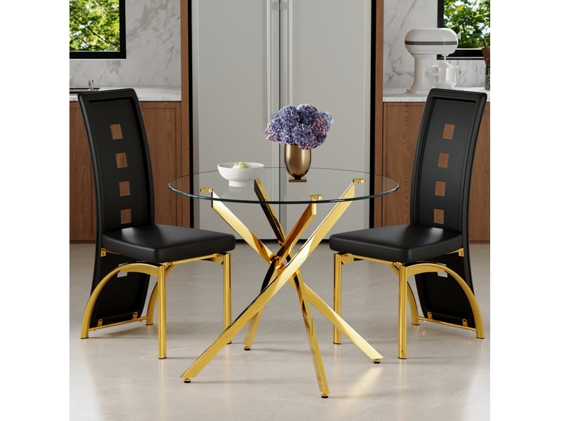  Ensemble table ronde 88 cm et 2 chaises noires en cuir régénéré, verre trempé et métal doré moderne  - Conforama E